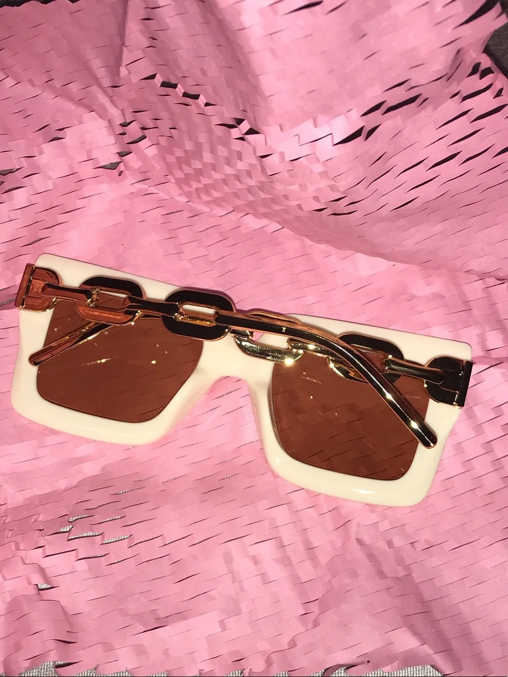 Ivory Square Frame Sunglasses with Brown Lenses & chain detailing